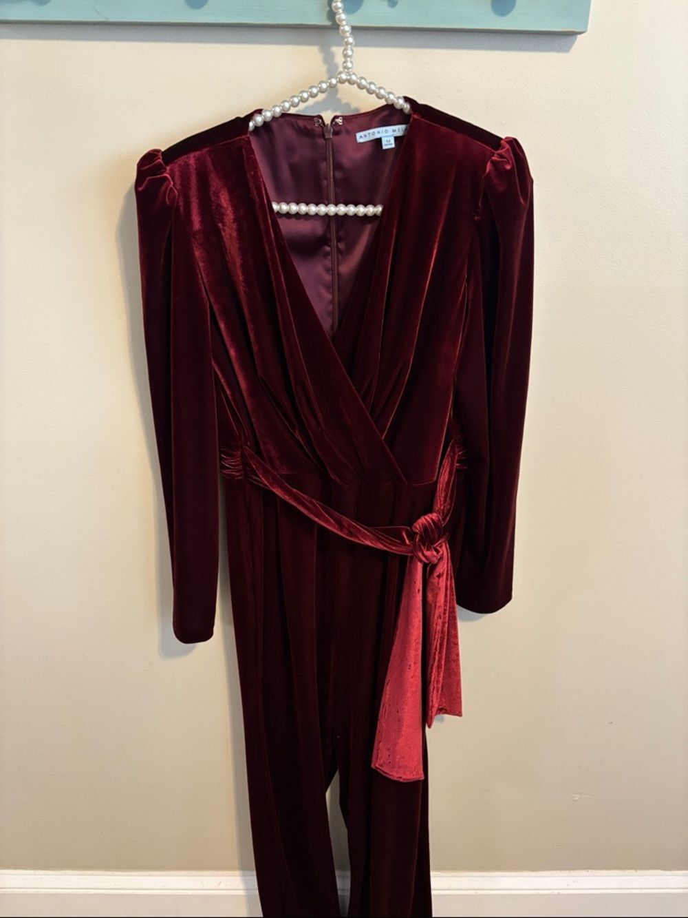 Antonio Melani Burgundy Velvet Wrap Jumpsuit Size 12 Maroon Long Sleeve Holiday